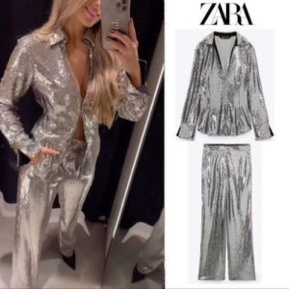 ZARA SEQUIN SHIRT TOP - Picture 4 of 15